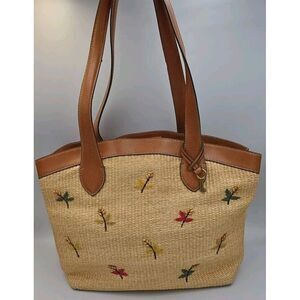Fossil Women's Straw Bag With Beaded Flowers‎ Leather Shoulder Straps Bag 75082